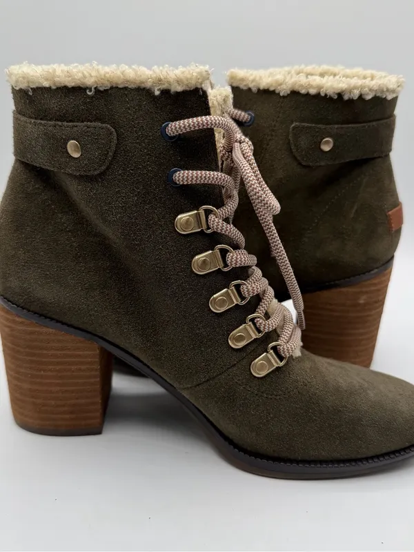 Dr Scholls Loni Boots Womens 6 Olive Suede Shearling Lace Up Block Heel - Image 5