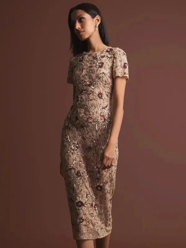 NWT MAC DUGGAL 10102 Beige Floral Embellished Short Sleeve Midi Dress Size 4 - Image 5