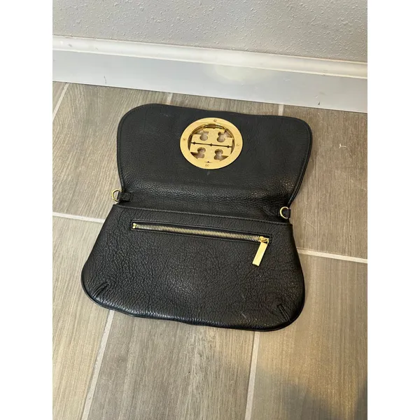 Tory Burch Black Leather Clutch‎ Gold Logo - Image 2