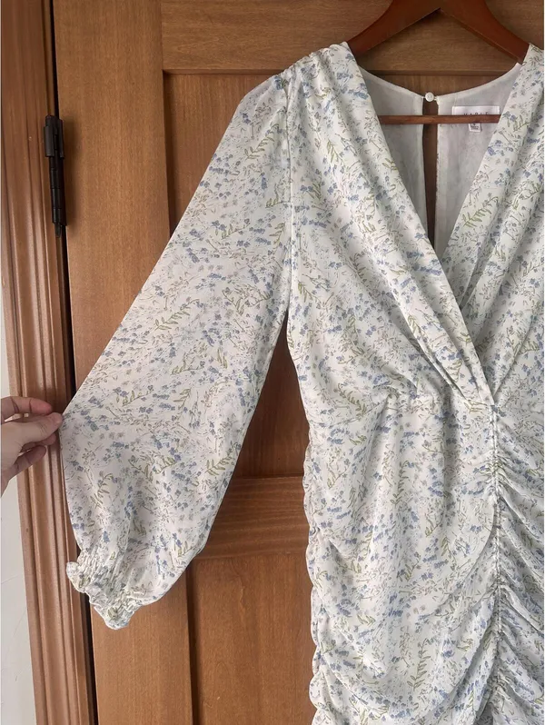 MABLE Ruffle Ivory / Blue Floral Puff Sleeve Rouched Mini Dress Women’s Small - Image 13