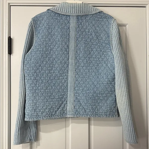 Blue Willi’s Denmark Quilted Denim Jacket Knit Sleeves Button 90s Vintage Large - Image 8