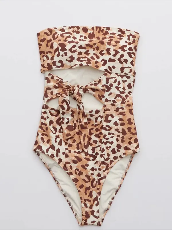 aerie Leopard Print Cutout One-Piece Swimsuit - Brown/Tan Sz L - Image 3