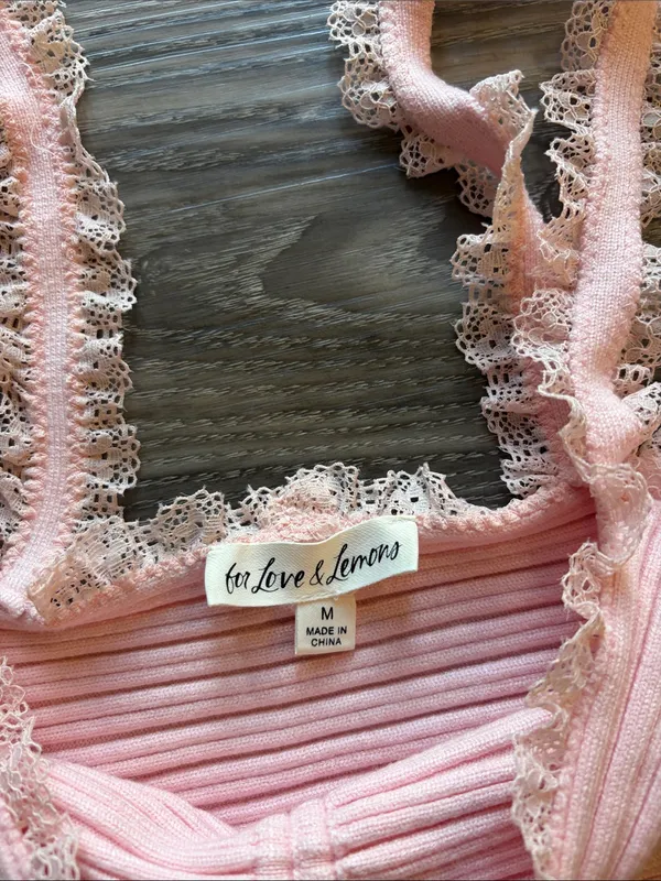 For Love & Lemons Pale Pink Ribbed Lace-Trim Tank - Image 2