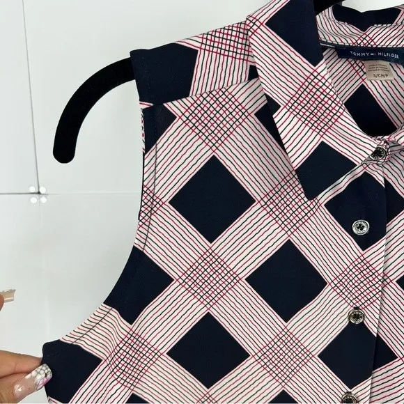 Y2K Tommy Hilfiger Sleeveless Button Front Top Womens Small Plaid Stretch Preppy - Image 6