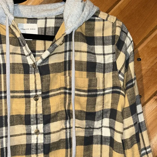 American eagle yellow gray plaid flannel hooded button up shirt - Image 4