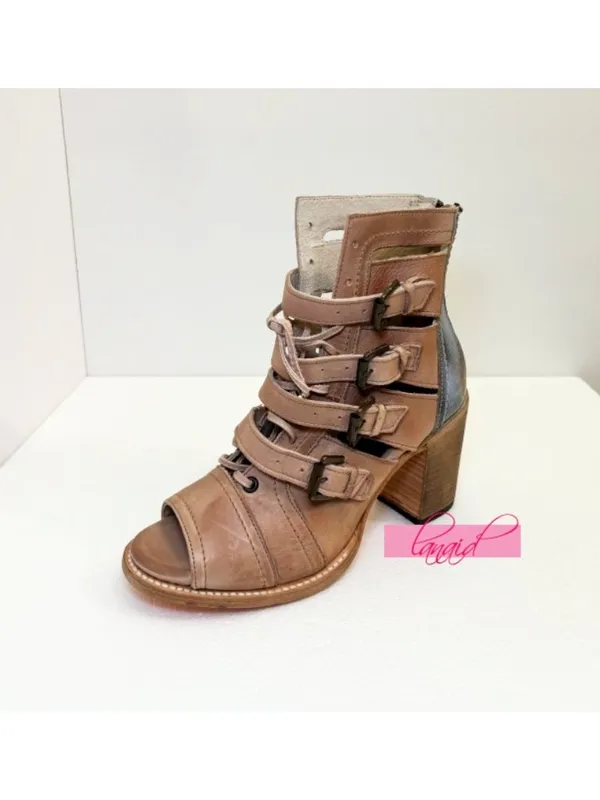 Freebird Braeden Blush Leather Tan Distressed Edgy Buckles Low Heel Sandals 10 - Image 7