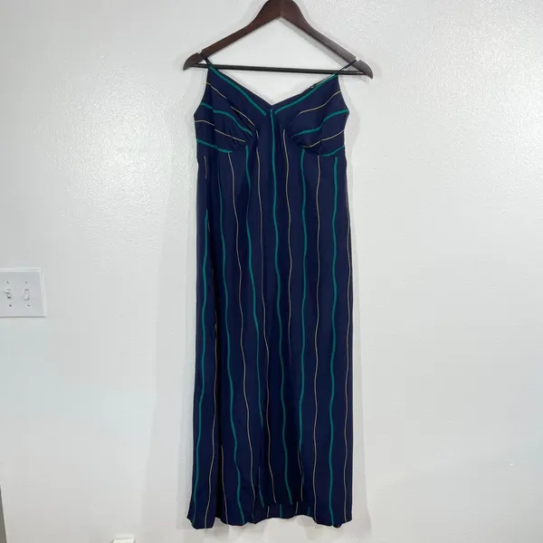 Madewell The Layton Midi Slip Dress‎ Navy Blue Green Gold Striped 10 Slip Dress - Image 3