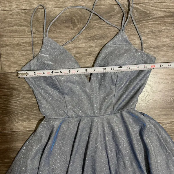Windsor Light Blue Glitter Skater Dress Siz S V-Neck Lace Up Back Mini Prom Glam - Image 16