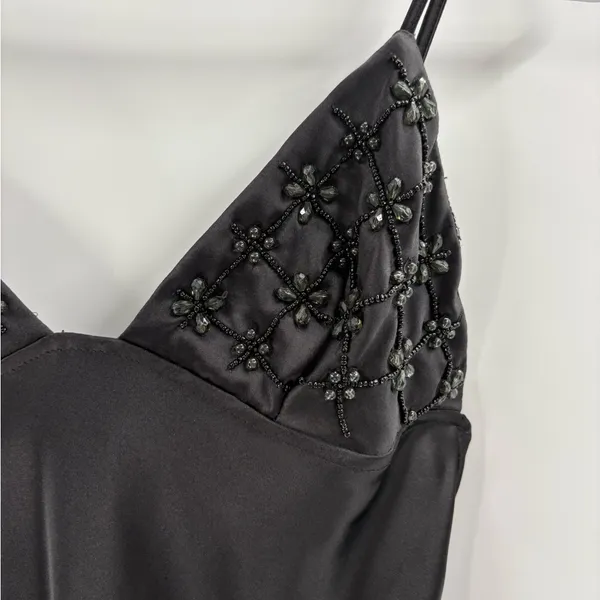 Zara beaded Y2K date night party festival black v sequin neck satin midi sz xs - Image 5
