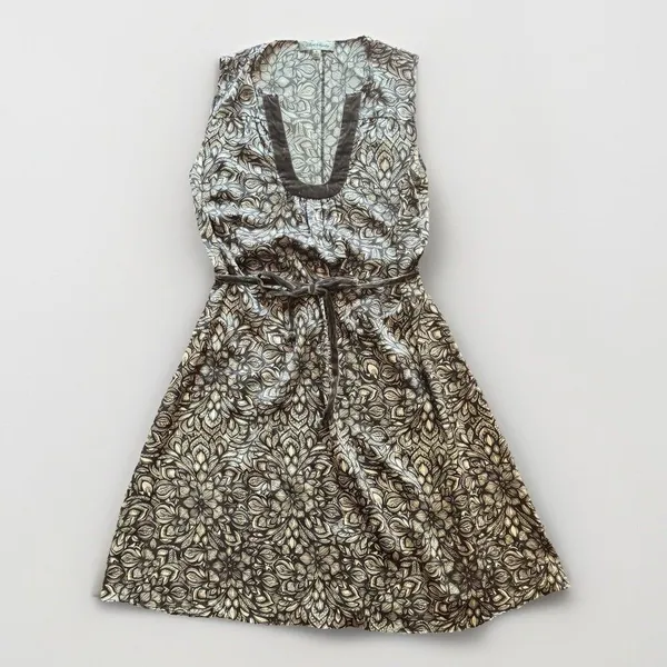 Beth Bowley 100% Silk Dress Geometric Lace Print Velvet Trim Belted Womens Size - Image 2