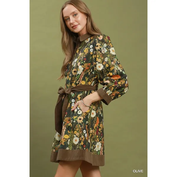 Umgee Floral Print Belted Puff Sleeve Mini Dress - Olive - Small - Image 2