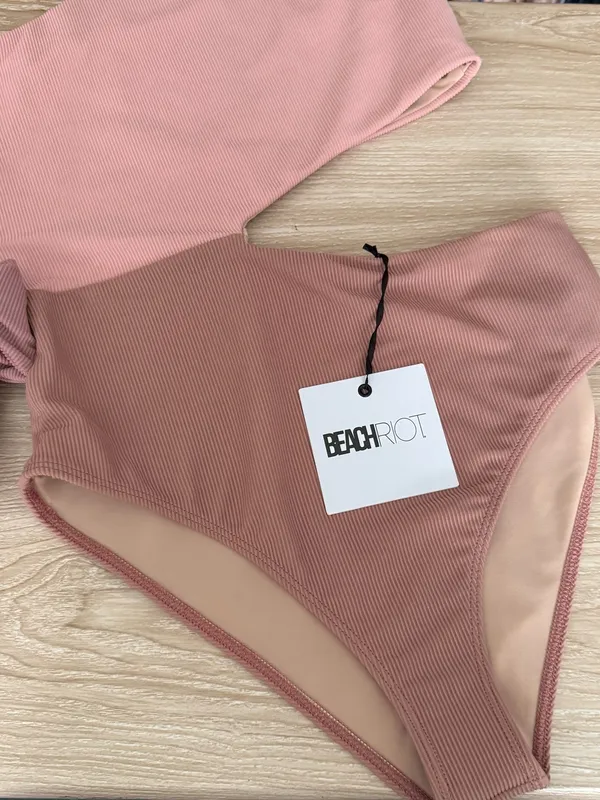 Beach Riot Medium NEW Claire One-Piece Rib Swimsuit Mauve Pink One Shoulder Knot - Image 2
