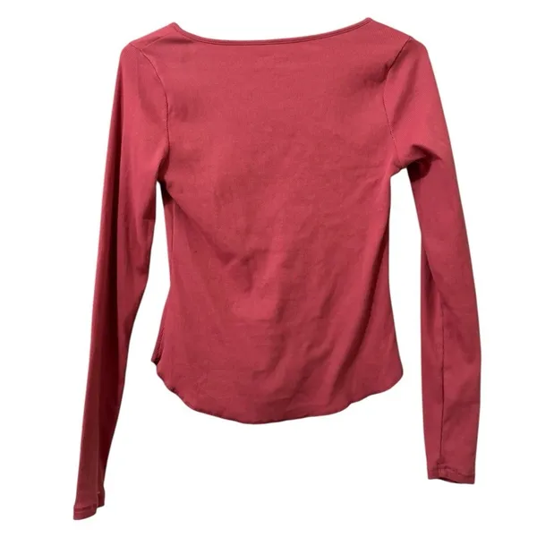 Old Navy Women Size Small‎ Long Sleeve V Neck T Shirt Pink Ribbed Stretch Preppy - Image 2