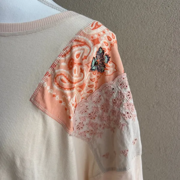 We the Free Boho Patchwork Cream Oversized Longsleeve Crewneck Size Small - Image 5