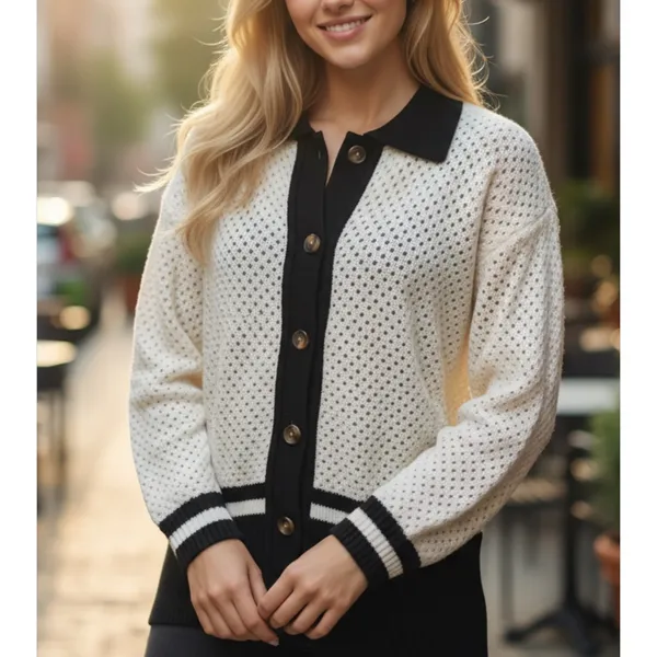 NWT Ann Taylor Factory Black and White Open Knit Cardigan White Black XL - Image 2