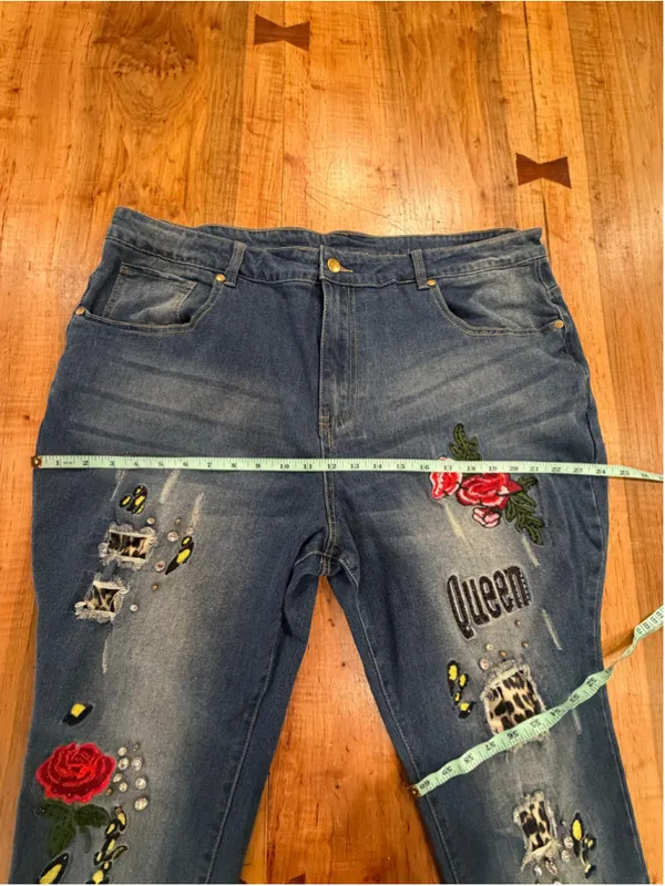 K Jordan 2pc Denim Set Plus Sz 3X Jacket 24W Jeans Leopard Rose Distressed Queen - Image 16