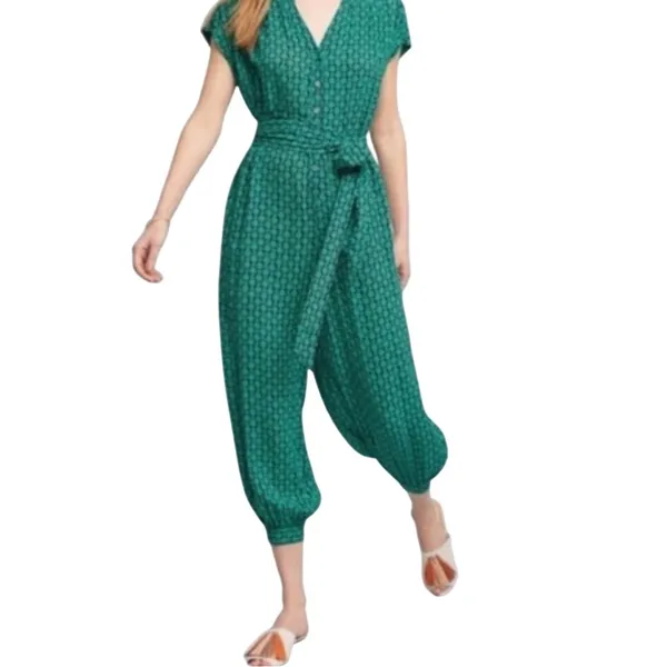 Maeve Anthropologie Jumpsuit Size XS Green Floral Geo‎ Belted Rayon Boho Cropped - Image 13
