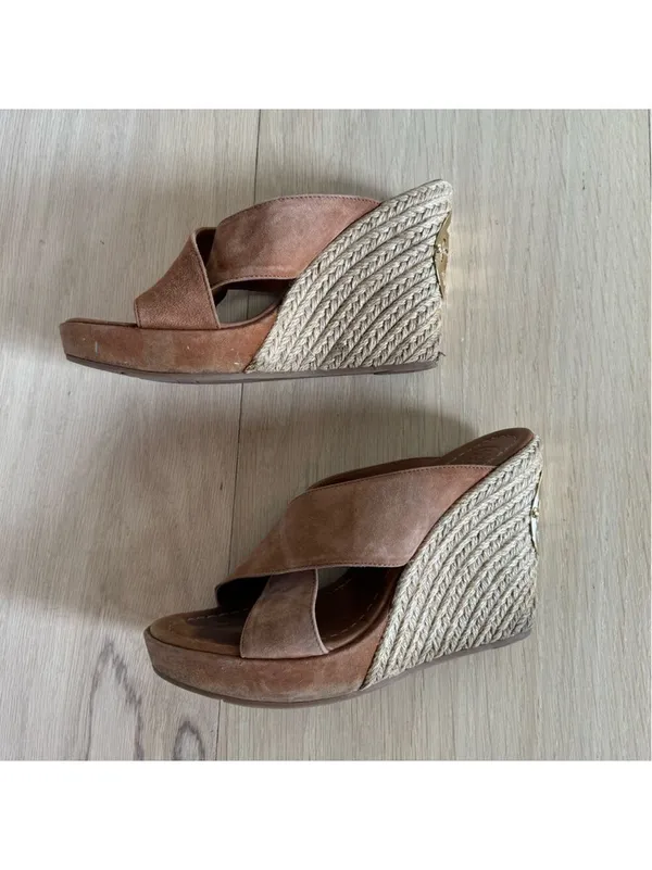 Tory Burch Wedges Shoes High Heels Brown And Gold Size 7.5 - Image 3