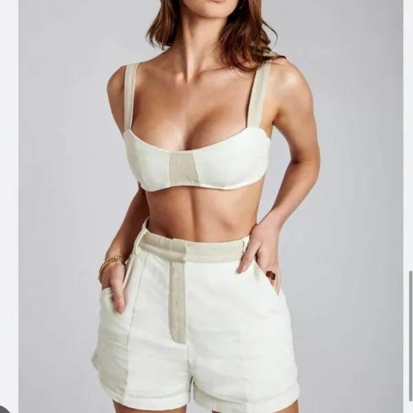 Meshki Yalda Cream Tan Linen Sleeveless Colorblock Bustier Crop Tank Top Size S - Image 2
