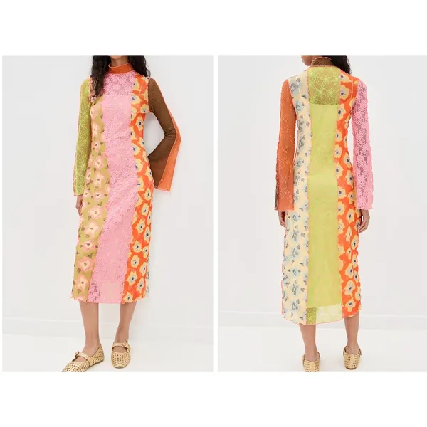 CeliaB Patchwork Floral Lace Bell Sleeve Dress Boho Cottagecore Whimsical Large - Image 2