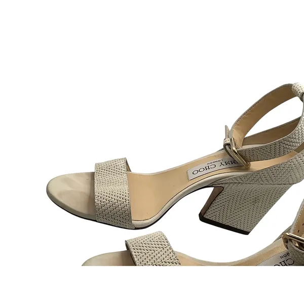 Jimmy Choo Woven‎ Ankle Strap Block Heel Sandals Beige IT 37 Made in Italy - Image 7