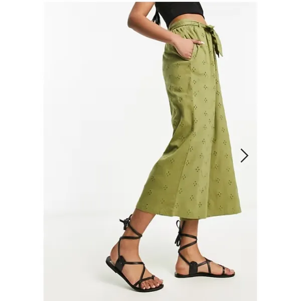 ASOS 12 Khaki Green Broderie Anglaise Wide Leg Crop Belted Pants Bohemian Beach‎ - Image 9