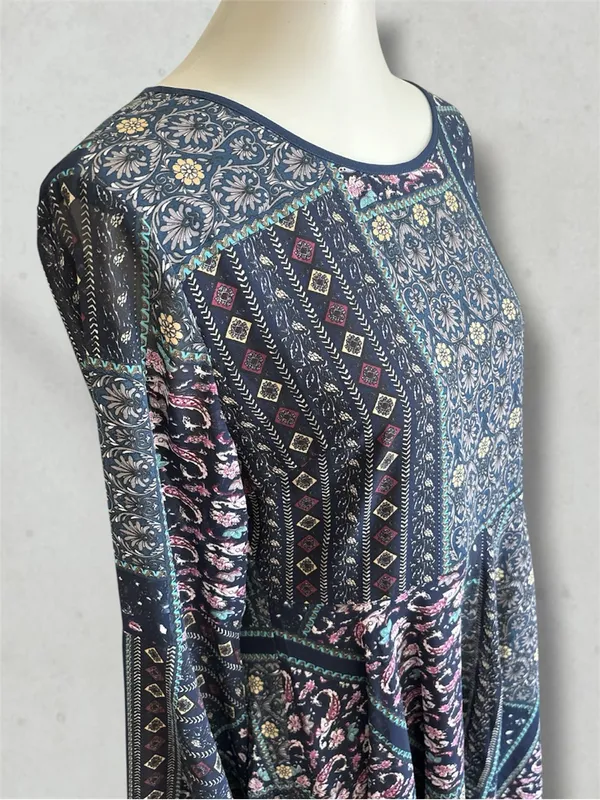 Loveriche Navy Boho Patchwork Bell Sleeve Mini Dress L - Image 4