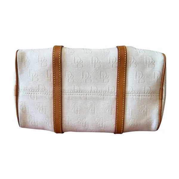 Vintage Dooney & Bourke White Monogram Canvas Barrel Satchel Bag Leather Trim - Image 10