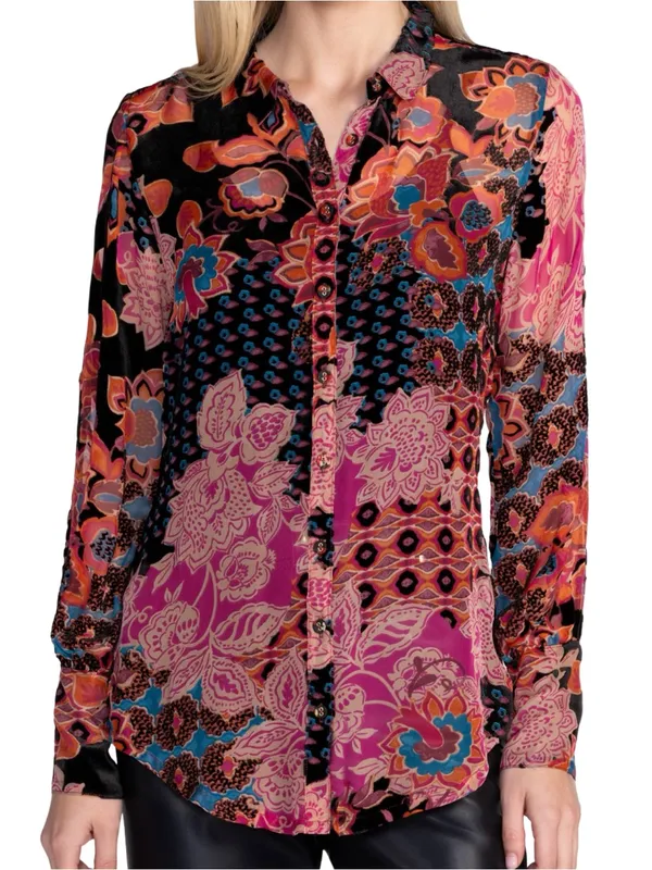 Johnny Was Size M Yrene Alvarado Burnout Velvet Floral Long Sleeve Shirt Blouse - Image 2