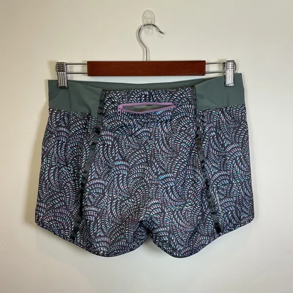 Salomon ActiLite 2-in-1 Running Shorts Purple Teal Print Back Zip Pocket S - Image 3