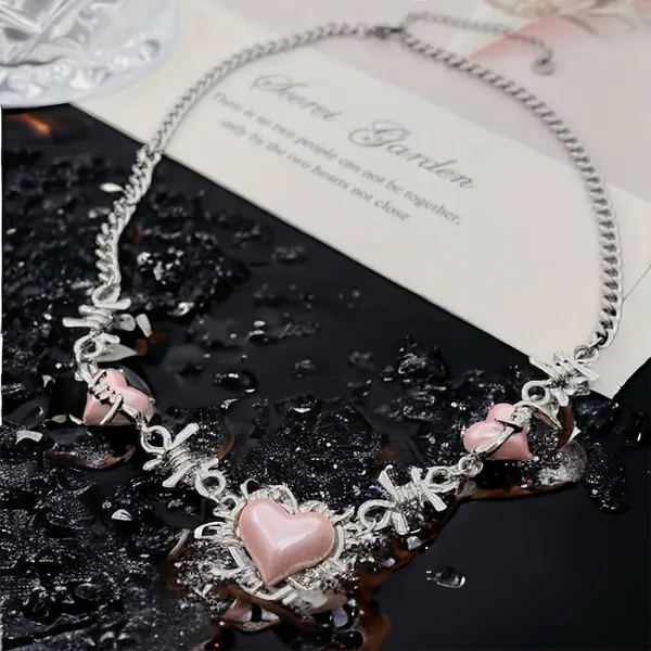 Creative Pink Heart Barbed Wire Silver Plated Choker‎ Length Necklace Soft Goth - Image 4
