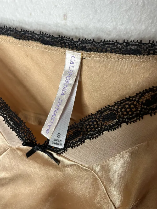 Vintage California Dynasty Gold Satin Lace Trim Babydoll Cami Tank Top Y2K Fairy - Image 6