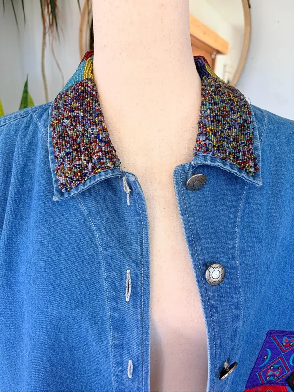 VTG Chico's‎ Design Beaded Mirror Denim Jacket Sz 3 L Boho Festival Cottagecore - Image 2