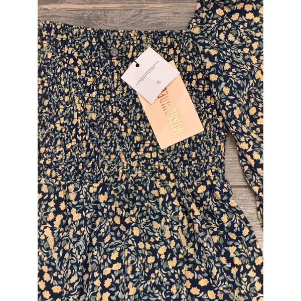 Missguided‎ Milkmaid Shirred Bust Mini Floral Dress Yellow Navy SZ 2 Cottagecore - Image 7