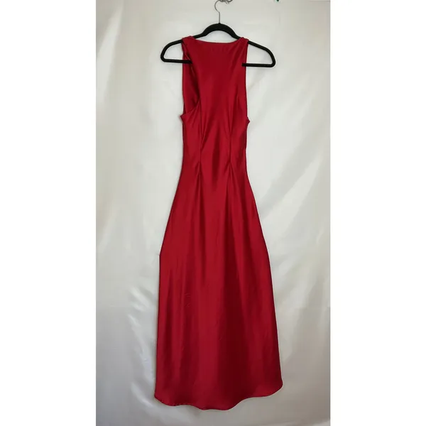 Zara Red Satin Maxi Dress XS Draped Neck Ruched Waist Sleeveless Evening Gown - Image 4