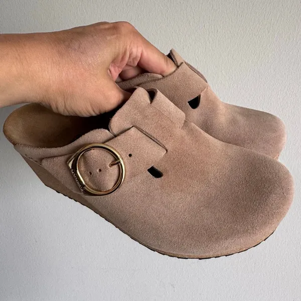 Birkenstock Papillio Fanny Suede Wedge Clogs Warm Sand Size 38 NEW - Image 5