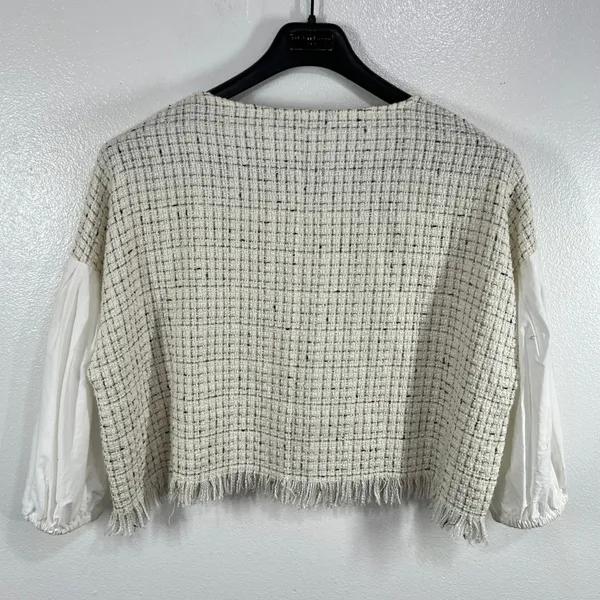 Zara Tweed Fringe Boxy Crop Top White Black Check Balloon‎ Sleeve Blouse XL New - Image 2