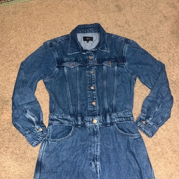 7 For All Mankind‎ Western Denim Jumpsuit Long Sleeve Wide Leg Dolly Blue Medium - Image 5