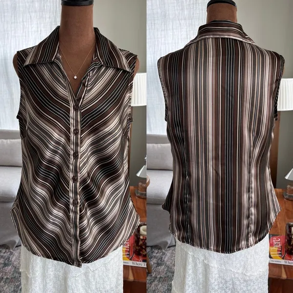 90s‎ Vintage Giorgio Fiorlini Collection Striped Satin Sleeveless Blouse Medium - Image 7