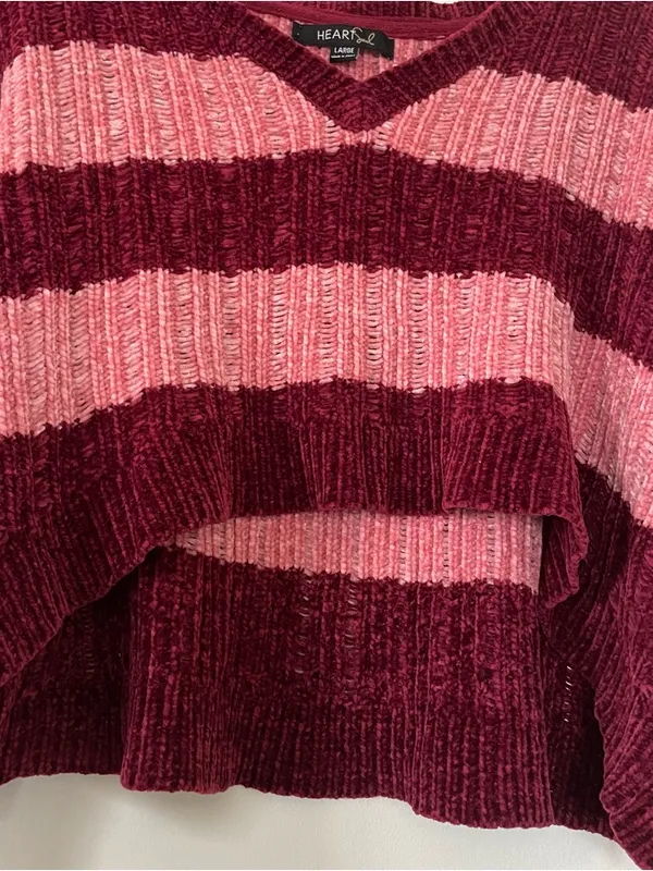 Heart soul Pink Red Striped Cropped Knit Sweater Large Cozy Soft - Image 3