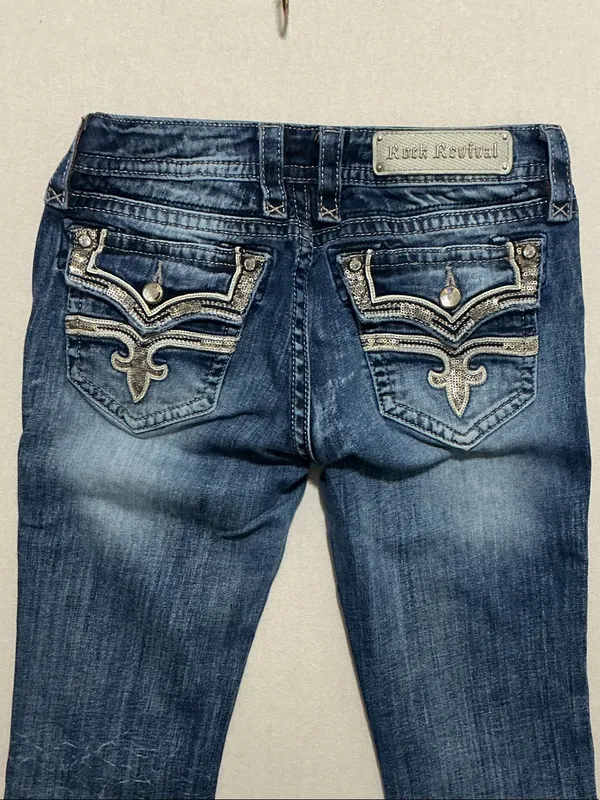 Rock Revival Dark Blue Bootcut Jeans with Embroidered Pockets - Image 3