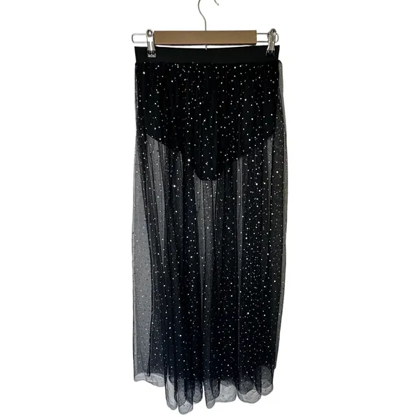 Black Sheer Tulle Maxi Skirt Med Built in panty Rhinestone Mesh Festival Rave - Image 5