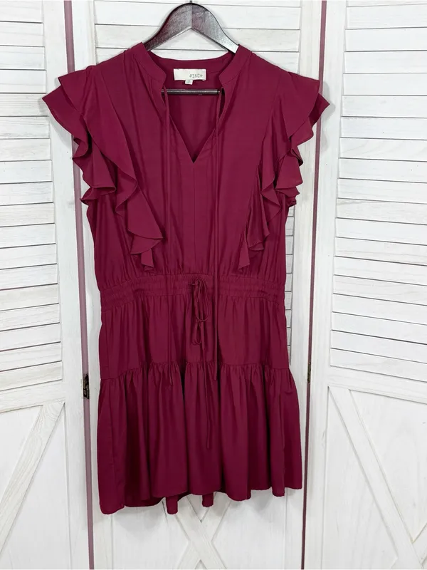 Pinch Isla Flutter Sleeve Tiered Mini Dress Burgundy Maroon Red Medium - Image 7