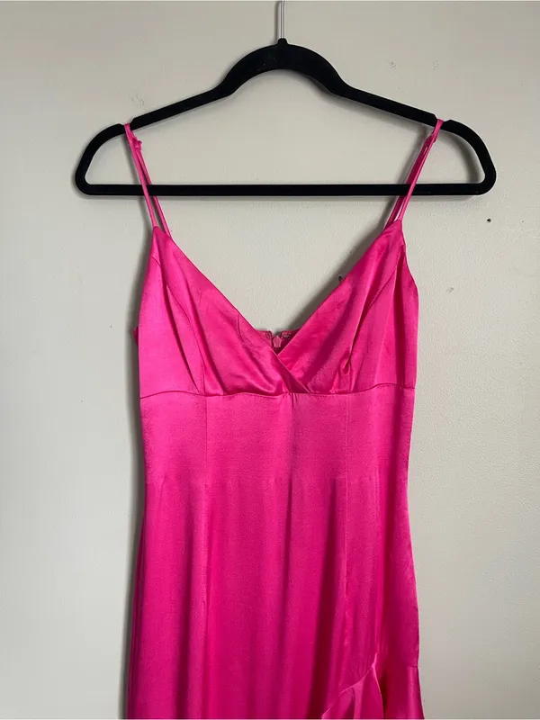BARDOT Hot Pink Ember Satin Asymmetric Ruffle Midi Slip Dress Sz 4 - Image 3