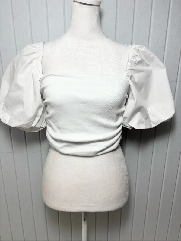 Zara White Puff Sleeve‎ Square-Neck Crop Top Size M - Image 3