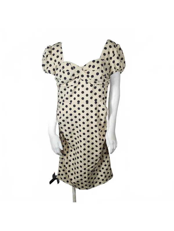 Retro Stage 60's Style Polka Dot Puff Sleeve Dress in Beige and Black, Size 2XL - Image 4