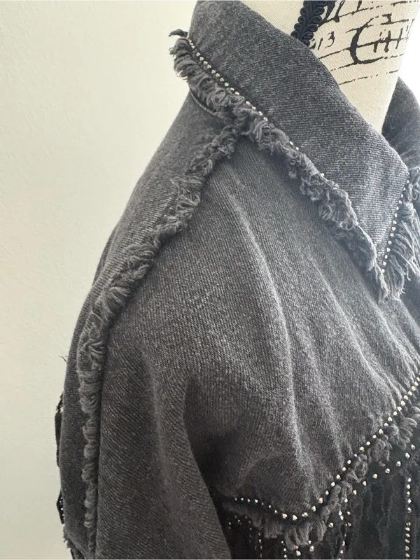 Zara Black Denim Rhinestone Fringe Oversized Jacket Size S - Image 5
