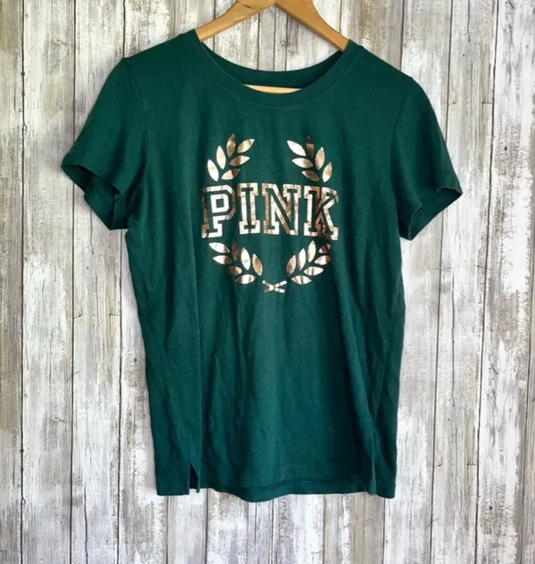 PINK Ivy Green & Gold Bling SS Tee •Medium - Image 2