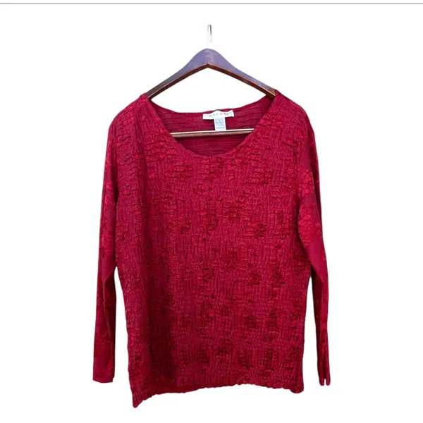 Rafael Textured Crinkle Velvet Floral Top XL Deep Red‎ Long Sleeve Blouse - Image 4