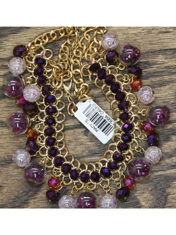NWT MCYS Statement Beaded Fringe Cluster Necklace Gold / Purple Multi 19" + 3" - Image 2